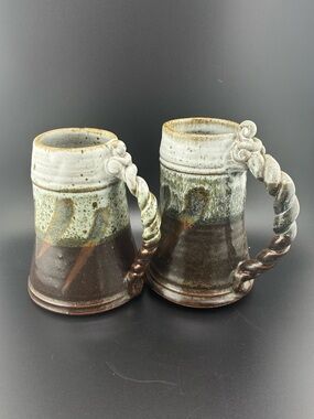 Source Unknown Brown and Cream Twisted-Handle Ceramic Mugs (Pair)